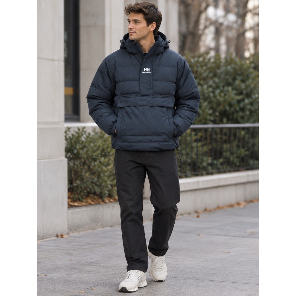 Helly Hansen Men's Puffer Coat Pullover Medium Black Hooded Half-Zip Quilted 90s